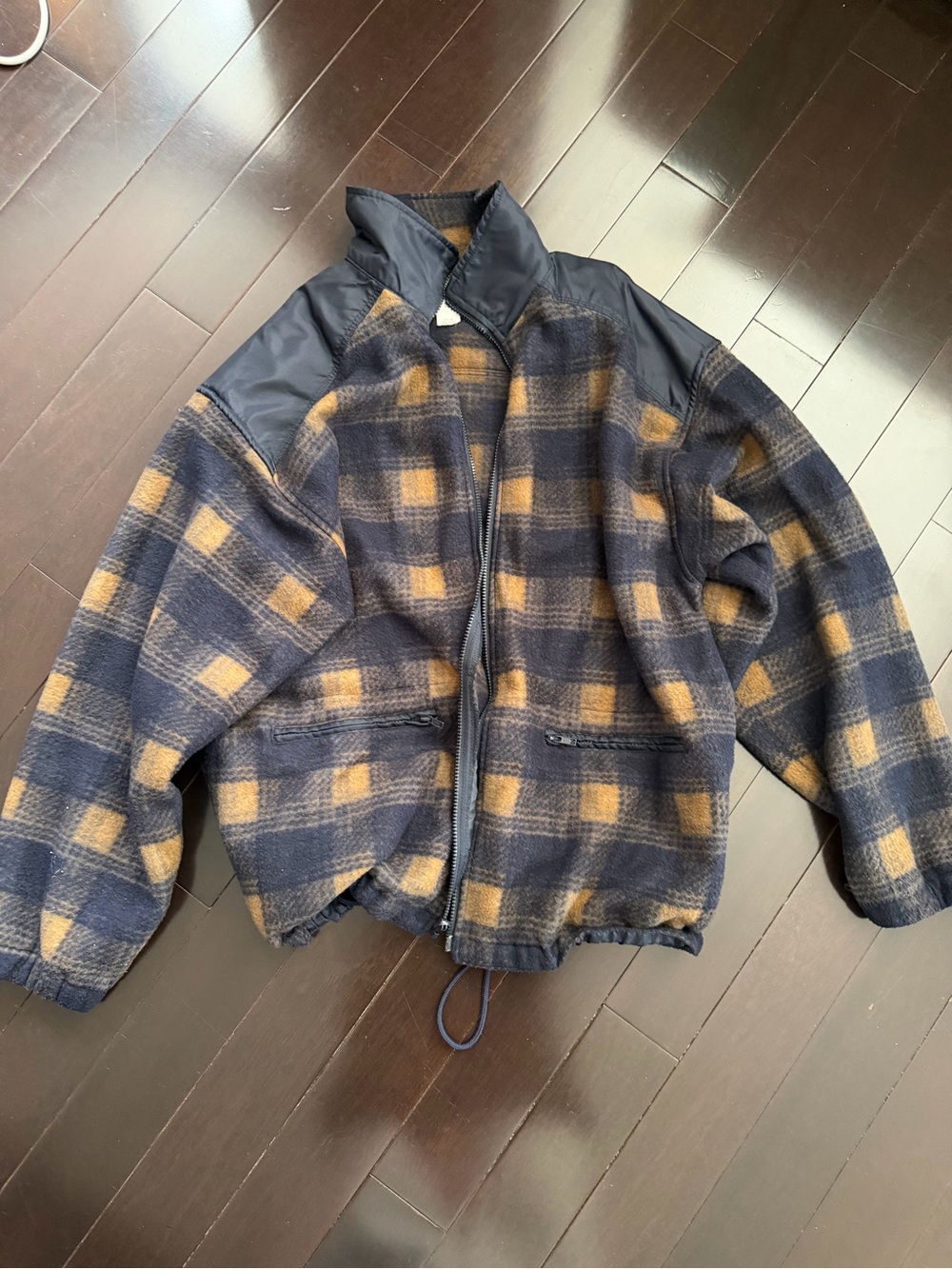 Plaid Fleece Zip Front Jacket - Navy & Tan